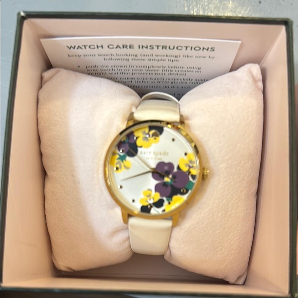 kate spade Gold-Tone Watch with White Strap and Yellow & Purple Floral Dial